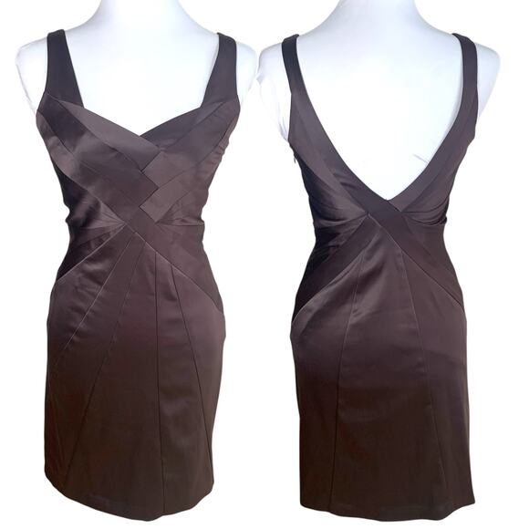 Vintage Y2K Stretch Satin Mini Cocktail Dress Chocolate Brown Formal Flattering - Picture 2 of 13